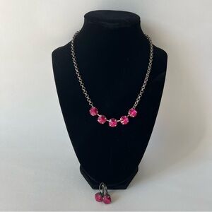 Magenta Hot Pink Silver 10mm Stone Necklace and Drop Earrings Set
